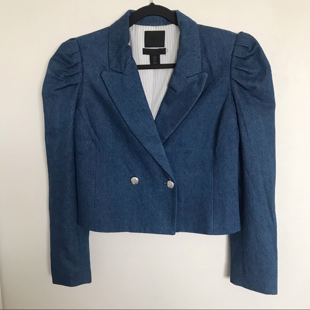 500 Maison Cinqcent Denim Puff Sleeve Blazer Jacket Size Medium NWOT Cropped